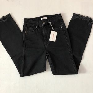 Good American Good Curve black high rise straight leg distressed hem jeans